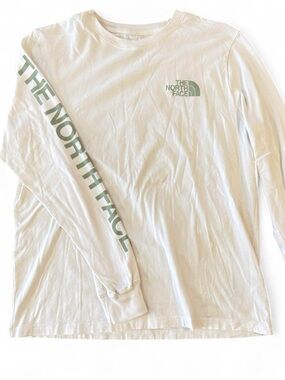 The North Face 100% cotton white cream long sleeve shirt with olive green accent